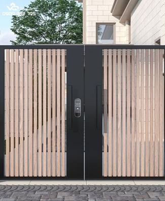 CỬA CỔNG SẮT ỐP THANH NHỰA GIÃ GỖ