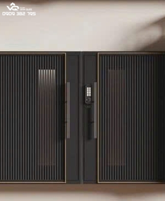 CỔNG SẮT  2 CÁNH THIẾT KẾ KHUNG SẮT SỌC TÍCH HỢP KHOÁ MẬT KHẨU CNC